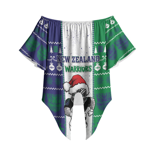 New Zealand Warriors Rugby Christmas Off Shoulder Wrap Waist Top Santa Maori Mascot