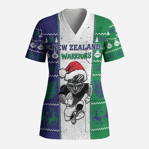 New Zealand Warriors Rugby Christmas Scrub Top Santa Maori Mascot
