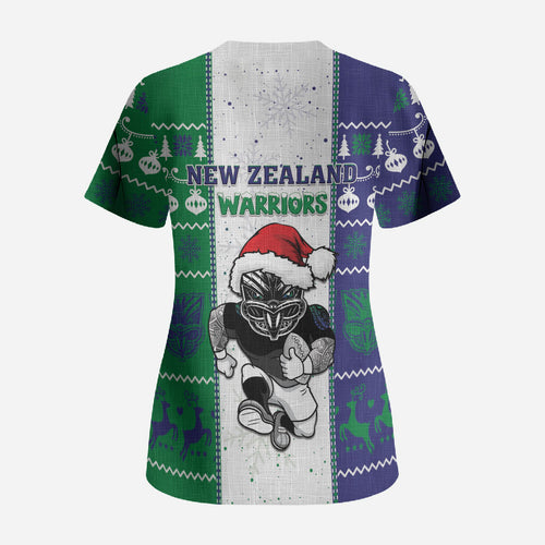 New Zealand Warriors Rugby Christmas Scrub Top Santa Maori Mascot