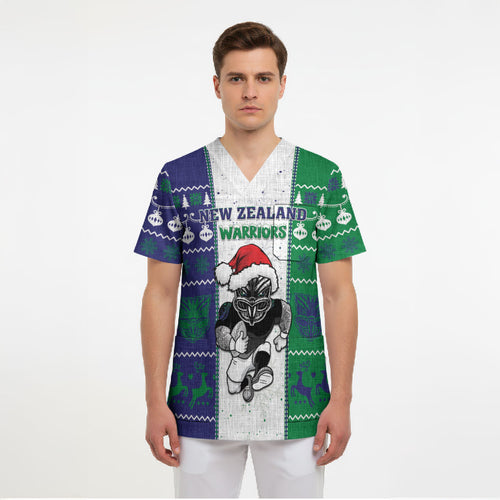 New Zealand Warriors Rugby Christmas Scrub Top Santa Maori Mascot