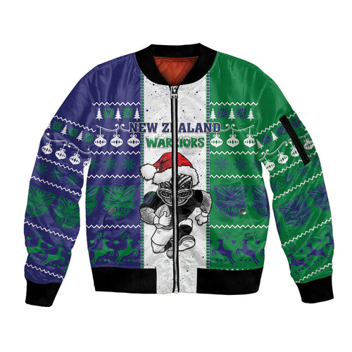 New Zealand Warriors Rugby Christmas Sleeve Zip Bomber Jacket Santa Maori Mascot