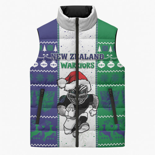 New Zealand Warriors Rugby Christmas Sleeveless Puffer Jacket Santa Maori Mascot