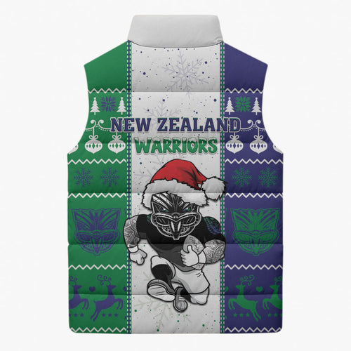 New Zealand Warriors Rugby Christmas Sleeveless Puffer Jacket Santa Maori Mascot
