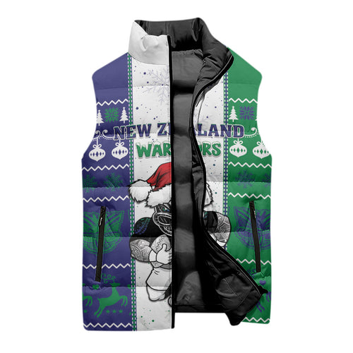 New Zealand Warriors Rugby Christmas Sleeveless Puffer Jacket Santa Maori Mascot