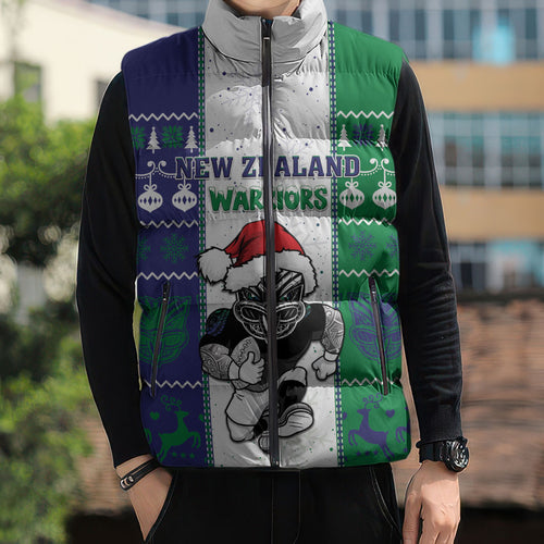 New Zealand Warriors Rugby Christmas Sleeveless Puffer Jacket Santa Maori Mascot