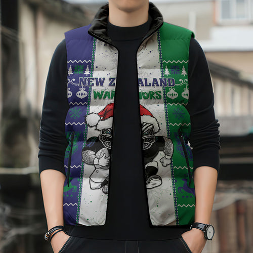 New Zealand Warriors Rugby Christmas Sleeveless Puffer Jacket Santa Maori Mascot