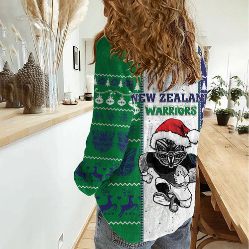 New Zealand Warriors Rugby Christmas Women Casual Shirt Santa Maori Mascot
