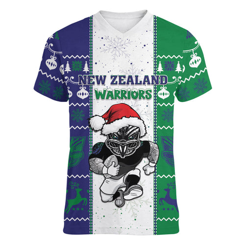 New Zealand Warriors Rugby Christmas Women V-Neck T-Shirt Santa Maori Mascot