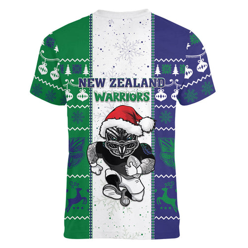 New Zealand Warriors Rugby Christmas Women V-Neck T-Shirt Santa Maori Mascot