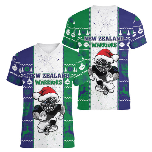 New Zealand Warriors Rugby Christmas Women V-Neck T-Shirt Santa Maori Mascot