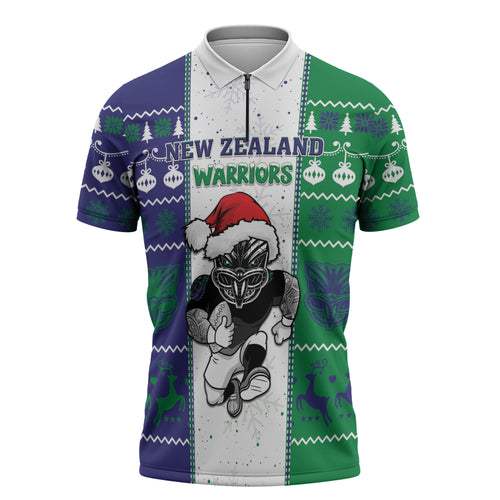 New Zealand Warriors Rugby Christmas Zipper Polo Shirt Santa Maori Mascot