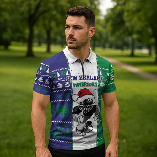 New Zealand Warriors Rugby Christmas Zipper Polo Shirt Santa Maori Mascot