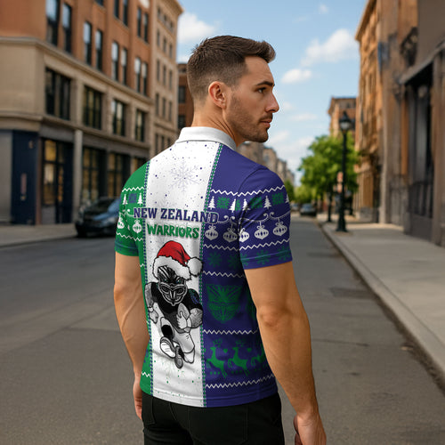 New Zealand Warriors Rugby Christmas Zipper Polo Shirt Santa Maori Mascot