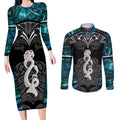 New Zealand Aotearoa Couples Matching Long Sleeve Bodycon Dress and Long Sleeve Button Shirt Maori Taniwha Paua Shell