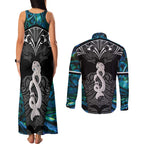 New Zealand Aotearoa Couples Matching Tank Maxi Dress and Long Sleeve Button Shirt Maori Taniwha Paua Shell
