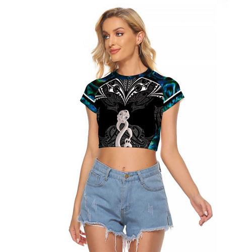 New Zealand Aotearoa Raglan Cropped T Shirt Maori Taniwha Paua Shell
