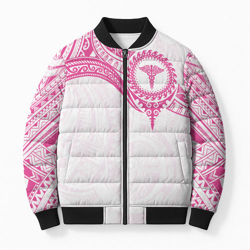 Personalised New Zealand Aotearoa Bomber Puffer Jacket Nurse Tribal Pink Version