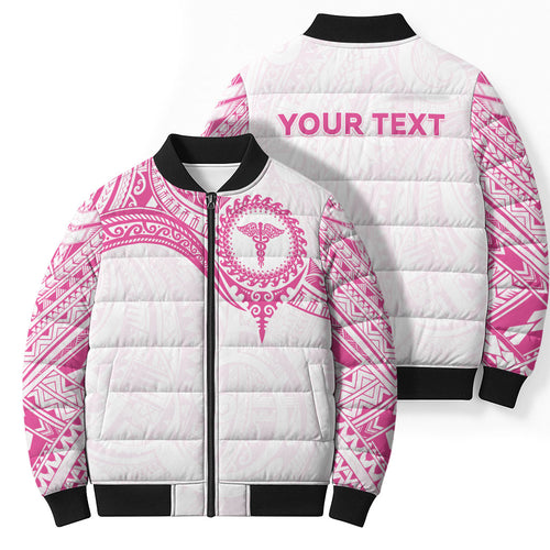 Personalised New Zealand Aotearoa Bomber Puffer Jacket Nurse Tribal Pink Version