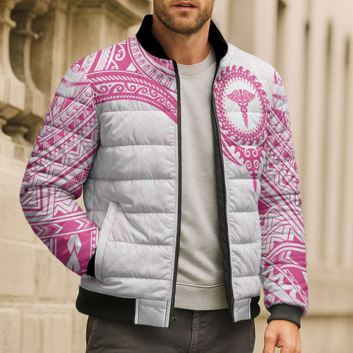 Personalised New Zealand Aotearoa Bomber Puffer Jacket Nurse Tribal Pink Version