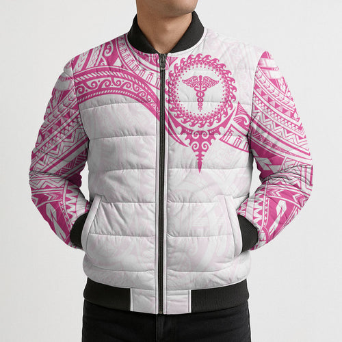 Personalised New Zealand Aotearoa Bomber Puffer Jacket Nurse Tribal Pink Version