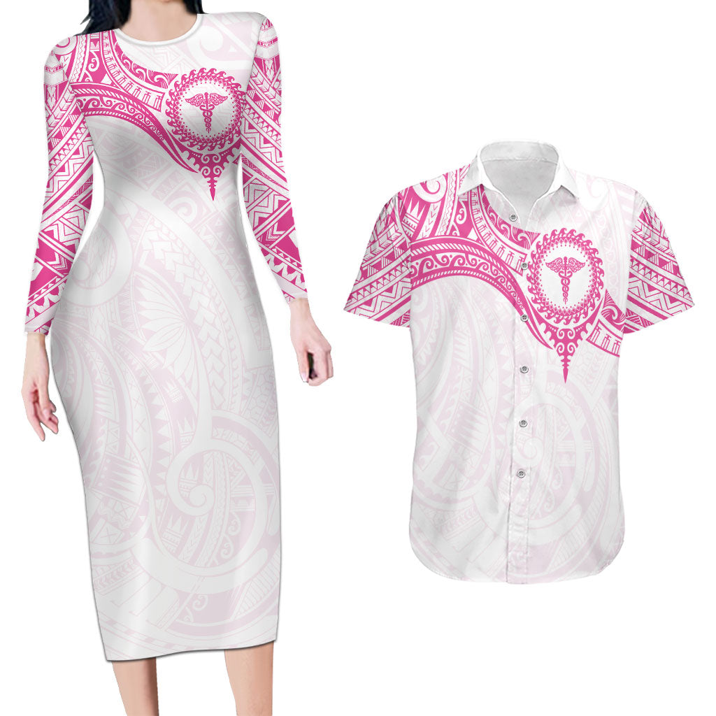 Personalised New Zealand Aotearoa Couples Matching Long Sleeve Bodycon Dress and Hawaiian Shirt Nurse Tribal Pink Version
