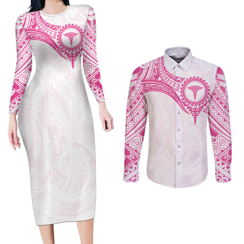 Personalised New Zealand Aotearoa Couples Matching Long Sleeve Bodycon Dress and Long Sleeve Button Shirt Nurse Tribal Pink Version