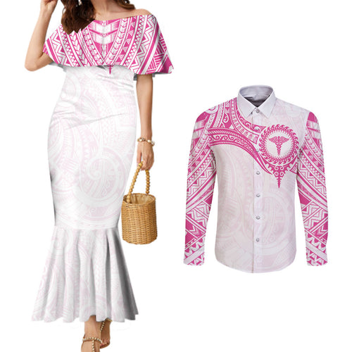 Personalised New Zealand Aotearoa Couples Matching Mermaid Dress and Long Sleeve Button Shirt Nurse Tribal Pink Version