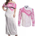 Personalised New Zealand Aotearoa Couples Matching Off Shoulder Maxi Dress and Long Sleeve Button Shirt Nurse Tribal Pink Version