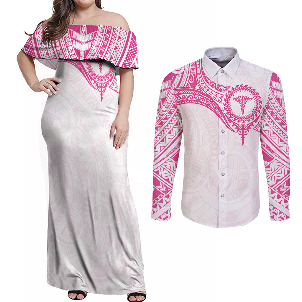 Personalised New Zealand Aotearoa Couples Matching Off Shoulder Maxi Dress and Long Sleeve Button Shirt Nurse Tribal Pink Version