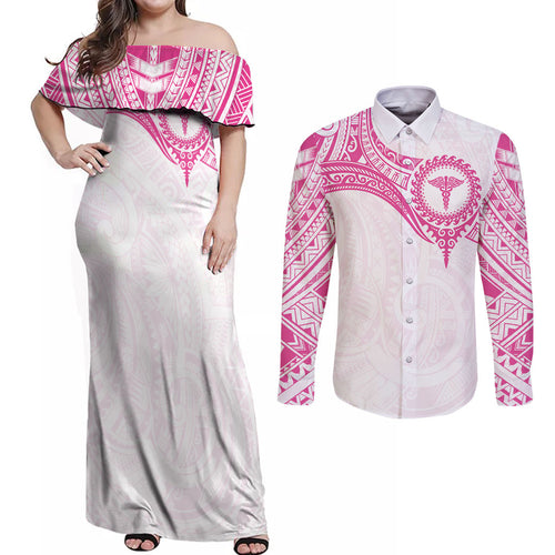Personalised New Zealand Aotearoa Couples Matching Off Shoulder Maxi Dress and Long Sleeve Button Shirt Nurse Tribal Pink Version