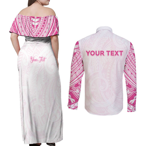 Personalised New Zealand Aotearoa Couples Matching Off Shoulder Maxi Dress and Long Sleeve Button Shirt Nurse Tribal Pink Version