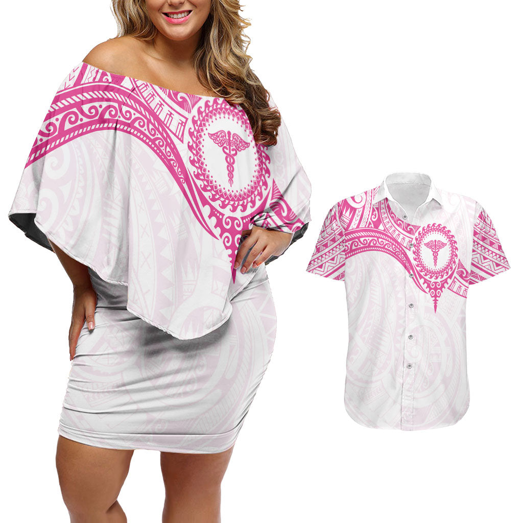 Personalised New Zealand Aotearoa Couples Matching Off Shoulder Short Dress and Hawaiian Shirt Nurse Tribal Pink Version