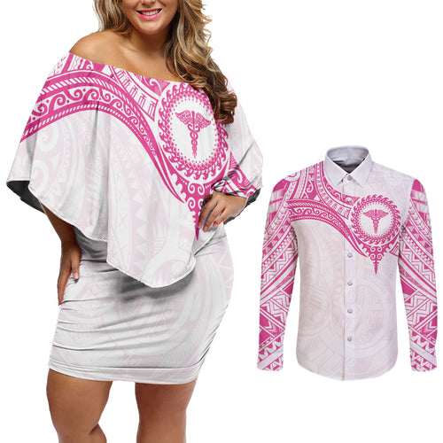 Personalised New Zealand Aotearoa Couples Matching Off Shoulder Short Dress and Long Sleeve Button Shirt Nurse Tribal Pink Version