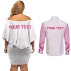 Personalised New Zealand Aotearoa Couples Matching Off Shoulder Short Dress and Long Sleeve Button Shirt Nurse Tribal Pink Version