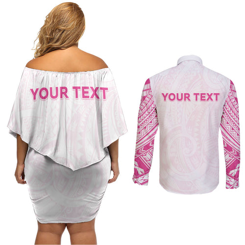 Personalised New Zealand Aotearoa Couples Matching Off Shoulder Short Dress and Long Sleeve Button Shirt Nurse Tribal Pink Version