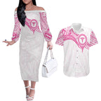Personalised New Zealand Aotearoa Couples Matching Off The Shoulder Long Sleeve Dress and Hawaiian Shirt Nurse Tribal Pink Version