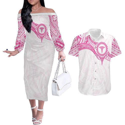 Personalised New Zealand Aotearoa Couples Matching Off The Shoulder Long Sleeve Dress and Hawaiian Shirt Nurse Tribal Pink Version