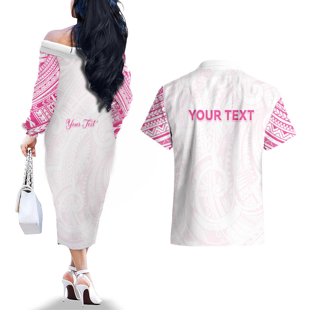 Personalised New Zealand Aotearoa Couples Matching Off The Shoulder Long Sleeve Dress and Hawaiian Shirt Nurse Tribal Pink Version