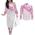 Personalised New Zealand Aotearoa Couples Matching Off The Shoulder Long Sleeve Dress and Long Sleeve Button Shirt Nurse Tribal Pink Version