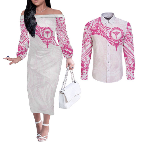 Personalised New Zealand Aotearoa Couples Matching Off The Shoulder Long Sleeve Dress and Long Sleeve Button Shirt Nurse Tribal Pink Version