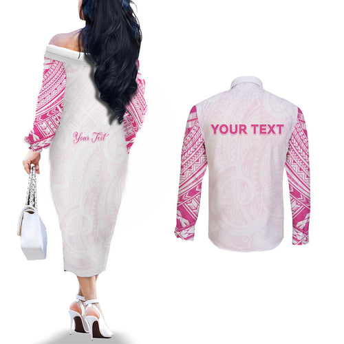Personalised New Zealand Aotearoa Couples Matching Off The Shoulder Long Sleeve Dress and Long Sleeve Button Shirt Nurse Tribal Pink Version
