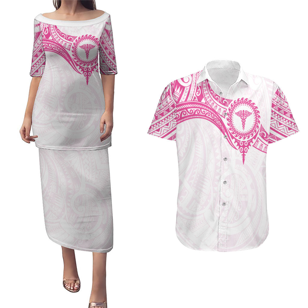 Personalised New Zealand Aotearoa Couples Matching Puletasi and Hawaiian Shirt Nurse Tribal Pink Version
