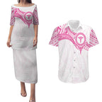 Personalised New Zealand Aotearoa Couples Matching Puletasi and Hawaiian Shirt Nurse Tribal Pink Version
