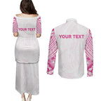Personalised New Zealand Aotearoa Couples Matching Puletasi and Long Sleeve Button Shirt Nurse Tribal Pink Version