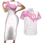 Personalised New Zealand Aotearoa Couples Matching Short Sleeve Bodycon Dress and Hawaiian Shirt Nurse Tribal Pink Version