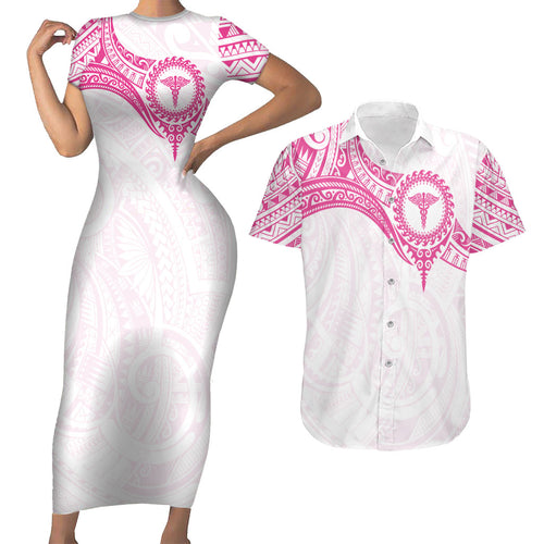 Personalised New Zealand Aotearoa Couples Matching Short Sleeve Bodycon Dress and Hawaiian Shirt Nurse Tribal Pink Version