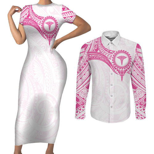 Personalised New Zealand Aotearoa Couples Matching Short Sleeve Bodycon Dress and Long Sleeve Button Shirt Nurse Tribal Pink Version