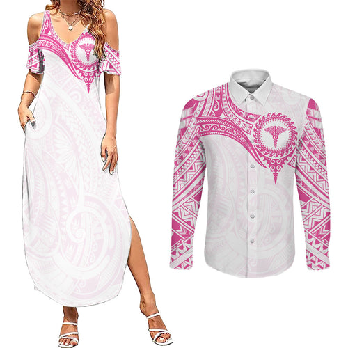 Personalised New Zealand Aotearoa Couples Matching Summer Maxi Dress and Long Sleeve Button Shirt Nurse Tribal Pink Version
