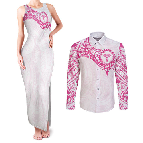 Personalised New Zealand Aotearoa Couples Matching Tank Maxi Dress and Long Sleeve Button Shirt Nurse Tribal Pink Version