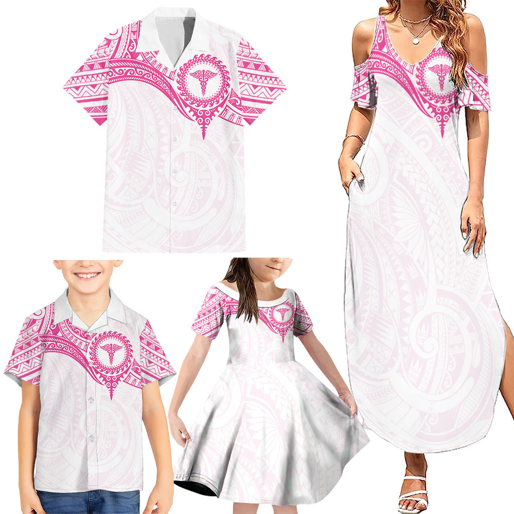 Personalised New Zealand Aotearoa Family Matching Summer Maxi Dress and Hawaiian Shirt Nurse Tribal Pink Version